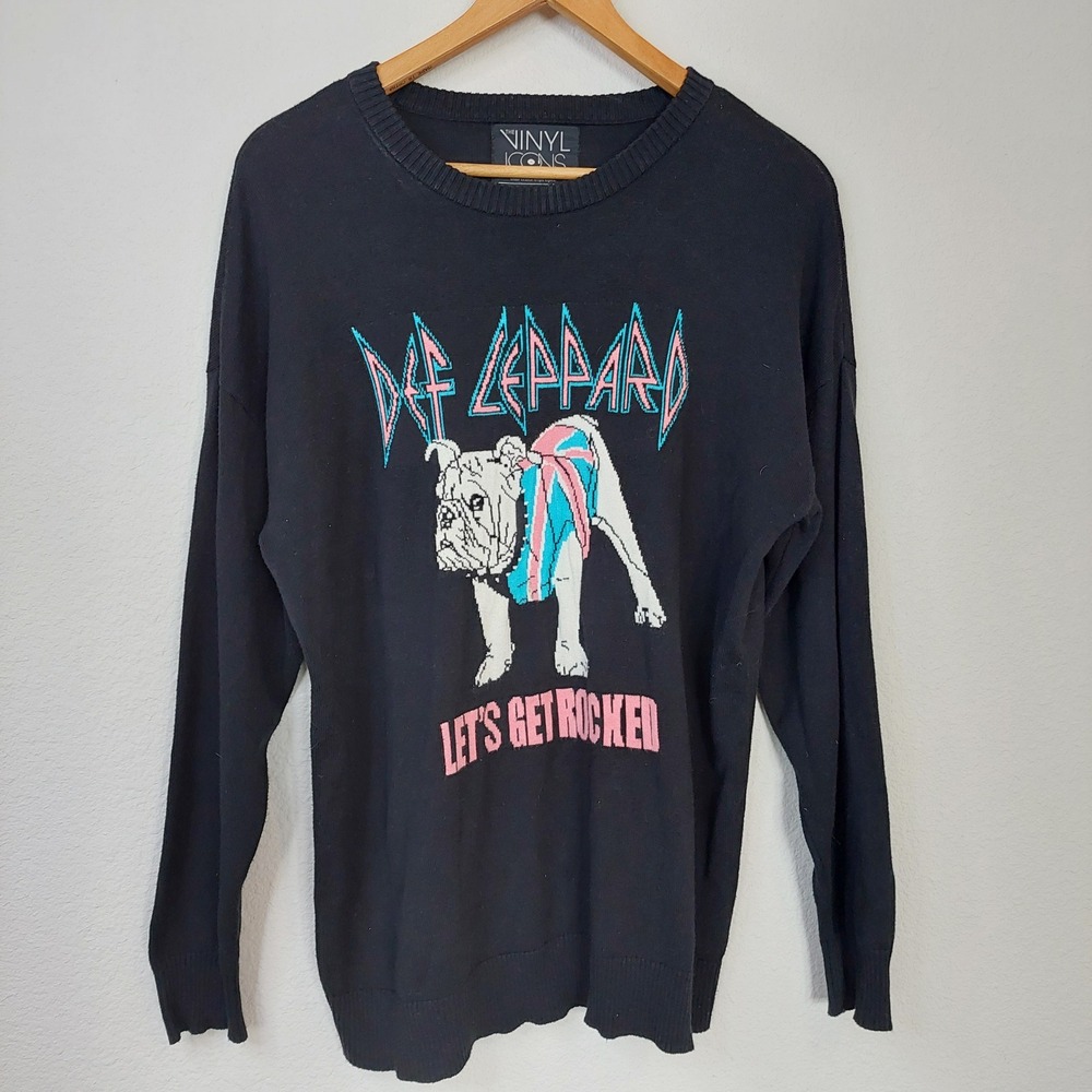 Vinyl Icons‎ Def Leppard Lets Get Rocked Bulldog Knit Sweater Black Size Small